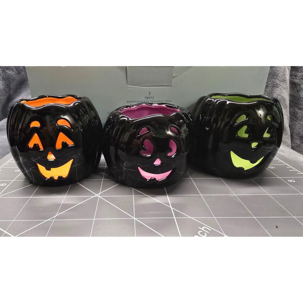 PartyLite Pumpkinheads Tealight Trio  Black Ceramic Halloween Jack-O-Lanterns